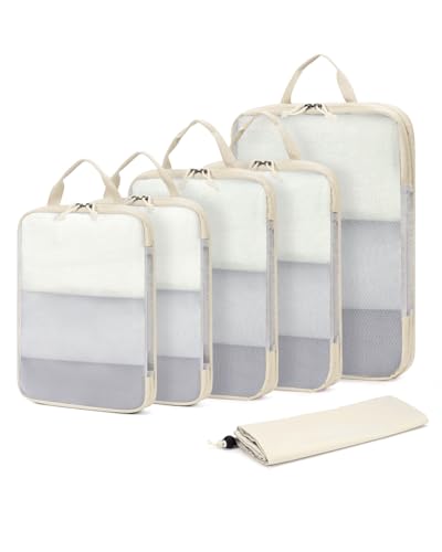 ECOHUB 6 Set Compression Packing Cubes, Lightweight Beach Vacation Travel Essentials Durable Travel Accessories for Suitcase Carry On Luggage Organizer Bags with YKK Zippers Shoe Bag, Beige - color: Beige