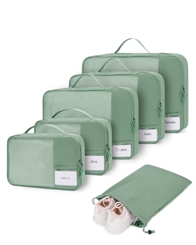 ECOHUB 6 Set Packing Cubes for Travel Durable Suitcase Organizer Bags Set with Personalized Tag Travel Essentials with Shoe Bag Traveling Accessories for Luggage Machine Washable, Green - color: No Compress-Green