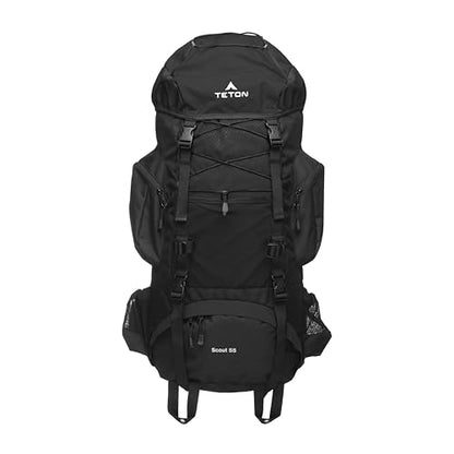 Teton 55L Scout Internal Frame Backpack for Hiking, Camping, Backpacking, Travel, Rain Cover Included, Black - color: Onyx, size: 55L