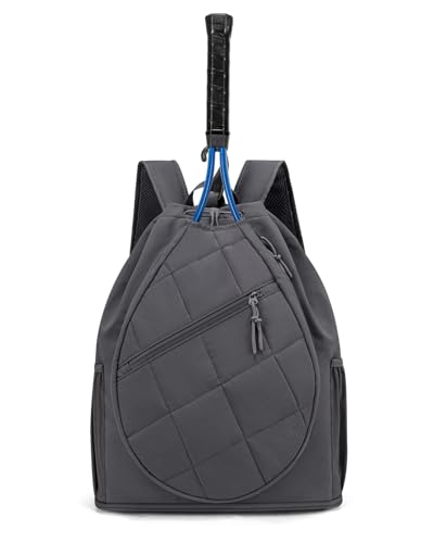 Drawstring Tennis Backpack, Puffer Tennis Racket Bag with Shoe Compartment & Wet Pocket Gym Bag for Women, Suitable for Pickleball Tennis Badminton - color: Grey