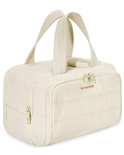 BAGSMART Travel Toiletry Bag, Crush Toiletry Bag for Women, Wide-open Puffy Toiletry Bags for Traveling, Large Travel Cosmetic Makeup Bag Organizer for Accessories,Toiletrie, Beige - color: d-Beige