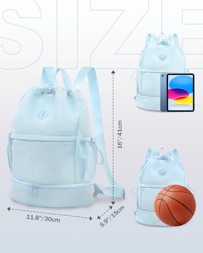 RHDZO Drawstring Backpack Sports Gym Bag with Shoe Compartment and Wet Pocket String Swim Bag for Women Men Beach Backpack, Blue - color: Blue
