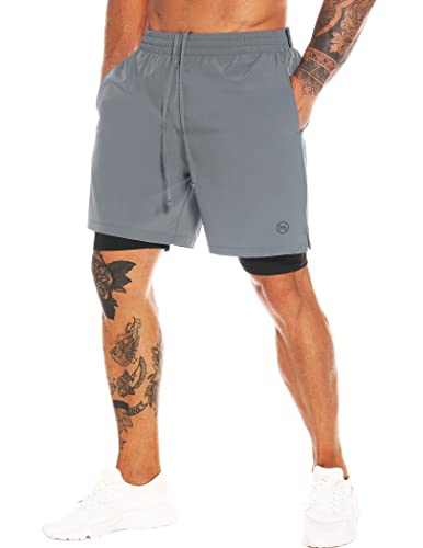 Men's 2 in 1 Workout Running Shorts 7" Quick Dry Athletic Shorts with Liner Gym Training Short for Men with Towel Loop - color: Light Grey, size: XX-Large
