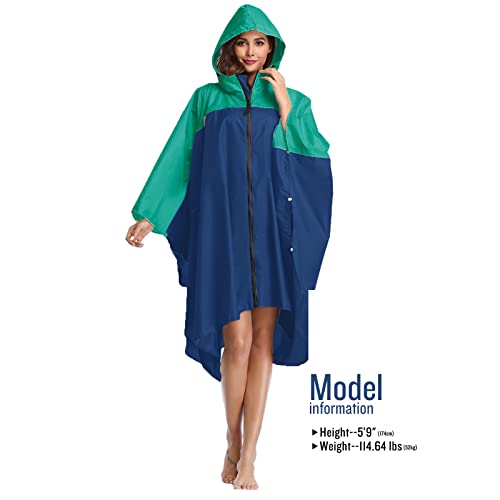 SaphiRose Unisex Rain Poncho Waterproof Raincoat Hooded for Adults Women with Pockets - color: A-green-navy