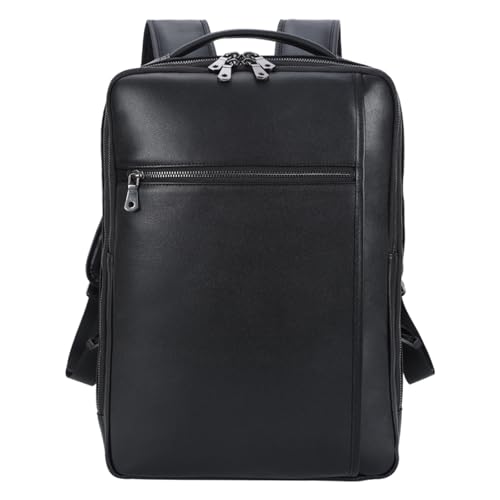 Masa Kawa Slim Genuine Leather Business Backpack 15.6" Laptop Bag for Men Women Office Work Travel Small Thin Computer Casual Daypack, Black