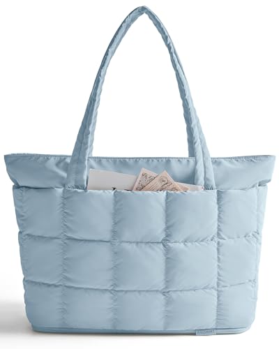 BAGSMART Expandable Tote Bag for Women, Puffer Work Tote Handbag, Quilted Carry On Bag for Travel Gym - color: French Blue, size: Large