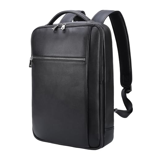 Masa Kawa Slim Genuine Leather Business Backpack 15.6" Laptop Bag for Men Women Office Work Travel Small Thin Computer Casual Daypack, Black