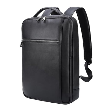 Masa Kawa Slim Genuine Leather Business Backpack 15.6" Laptop Bag for Men Women Office Work Travel Small Thin Computer Casual Daypack, Black