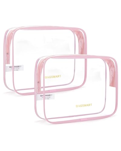 BAGSMART Clear Toiletry Bag, 2 Pack TSA Approved Carry on Travel Accessories Bag Airport Airline Quart Size Bags Water Repellent Makeup Cosmetic Bag for Women (Pink-2pcs) - color: Angelic Pink, size: 2 Pack, Medium