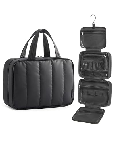 BAGSMART Travel Toiletry Bag for women, Portable Hanging Hook Makeup Bag Organizer, Waterproof Makeup Cosmetic Bag, for Full-Size Accessories, Toiletries,Black - color: Black