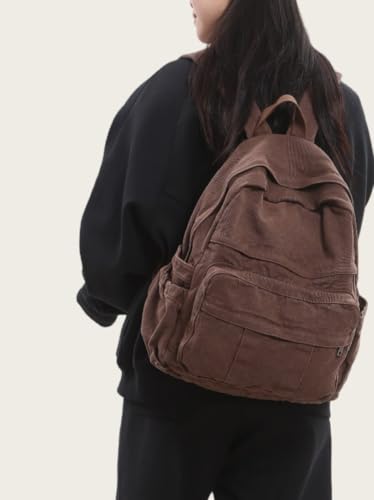 Coffee Brown Canvas Backpack for Women & Men Retro Aesthetic Rucksack Basic Backpack for High School/College Students Travel Laptop Bag - color: Espresso Brown