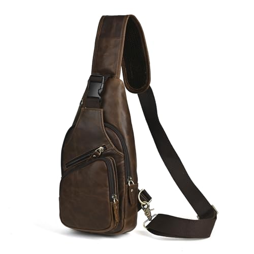 Le'aokuu Men Fashion Casual Tea Designer Travel Hiking Crossbody Chest Sling Bag Rig One Shoulder Strap Bag Men Leather 8015 | Fashion - color: C Dark Brown