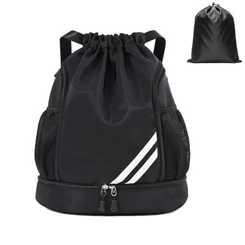 Soccer Backpack with Shoe Compartment - Water Resistant Gym Bag for Basketball, Volleyball and Football - Includes Extra 210D Oxford Storage Bag - Large Sports Cinch Sack for Men, Women and Youth - color: Black