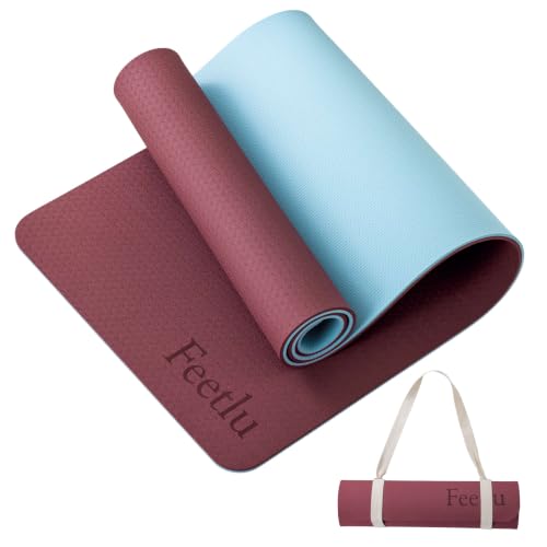 Extra Thick Yoga Mat with Carry Strap, 10mm Non-Slip Exercise Mat, 72 x 24 Inch Cushioned Workout Mat for Yoga, Pilates, Stretching & Floor Exercises - color: Dark Red & Blue Gray