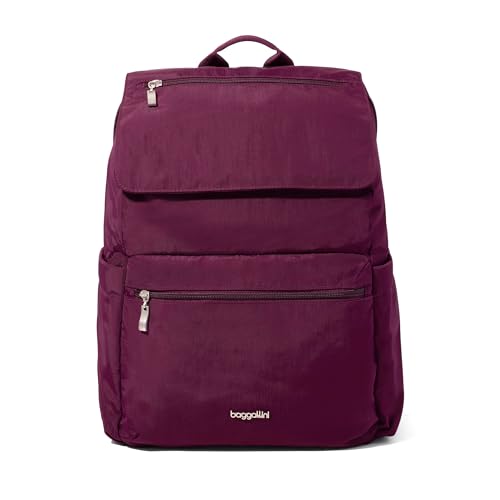 Baggallini Flap Laptop Backpack - 15"x11" Lightweight Work Travel Bag w/Luggage Sleeve & RFID - color: Mulberry