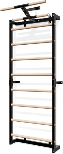 Swedish Ladder, Wood Stall Bars Suspension Trainer with Pull-Up Bar & Rings for Straps, Swedish ladders Wall Gym Adult, Wall-Mounted Workout Ladder