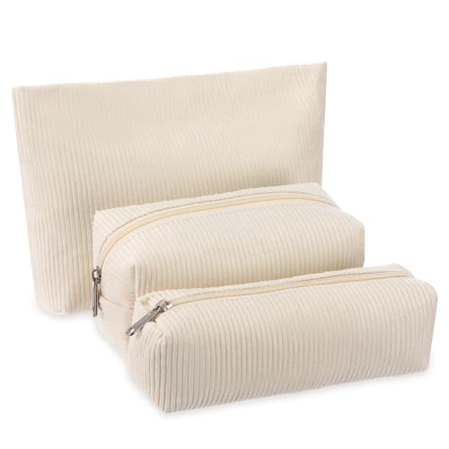Huhumy 3 Pcs Makeup Bag Set for Women Corduroy Cosmetic Pouch Aesthetic Smile Travel Toiletry Bag Cute Purse Pouch Pencil Case Makeup Brushes Storage Organizer with Zipper(White,Solid Style) - color: White, style: Solid Style