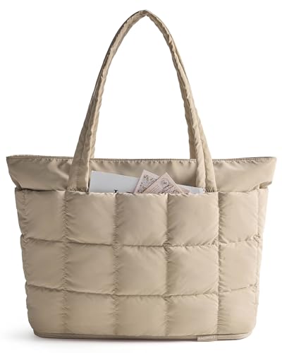 BAGSMART Expandable Tote Bag for Women, Puffer Work Tote Handbag, Quilted Carry On Bag for Travel Gym - color: Desert, size: Large