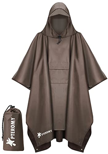 PTEROMY 3-in-1 Hooded Rain Poncho for Adult with Pocket, Waterproof Lightweight Unisex Raincoat for Hiking Camping Emergency - color: Brown