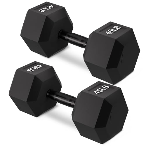 Rubber Encased Hex Weights Dumbbells Set of 5 – 50 lb Pair | Cast Iron Hand Weights with Anti-Slip Grip for Home Gym Strength Training - size: 45 lbs Pair