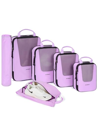 BAGSMART Compression Packing Cubes for Travel, 6/5/4set Lightweight Packing Organizers, Summer Travel Essentials Suitcase Organizer Bags Set - color: I-Light Purple, size: 6 Set-Compress