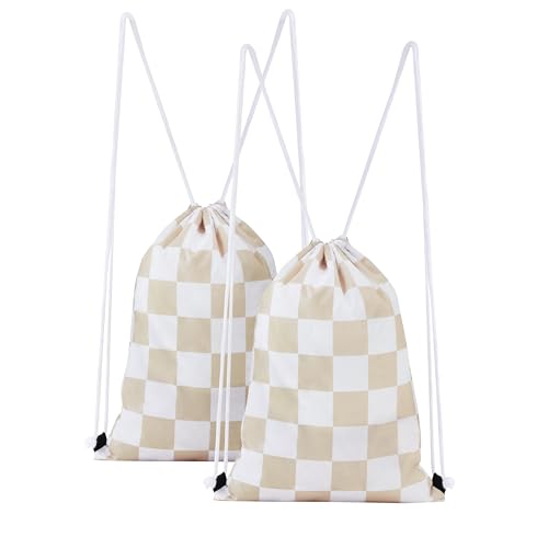 Ohocut Beige Checkered Drawstring Backpack 2 Pack Cute Aesthetic Vintage Checkerboard Drawstring Bags Bulk Gym Sackpack Waterproof - color: Beige