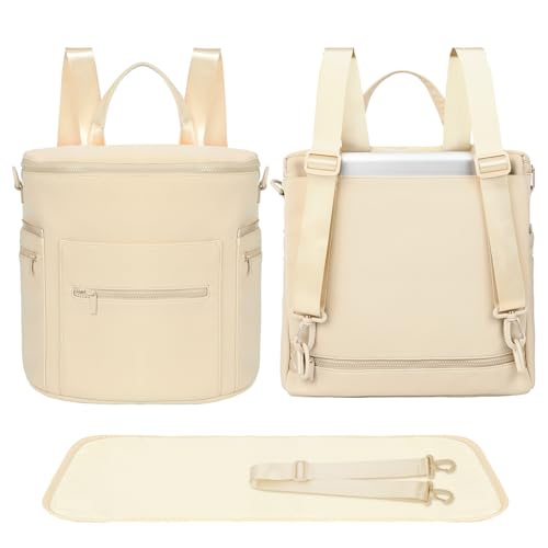 miss fong Neoprene Diaper Bag - Baby Diaper Bag,Large Capacity Neoprene Backpack with Changing Pad Travel Diaper Backpack Tote Backpack with 16 Pockets for Mom & Dad-Beige - color: Neoprene Beige