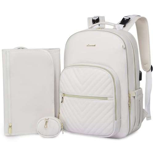 LOVEVOOK Leather Diaper Bag Backpack, Quilted Baby Bag with Changing Pad & Pacifier Holder, Waterproof Travel Diaper Bags for Baby Boys Girls, Stylish and Large Capacity, Beige - color: Beige