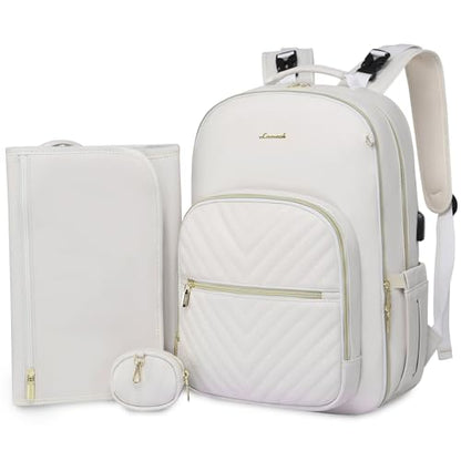 LOVEVOOK Leather Diaper Bag Backpack, Quilted Baby Bag with Changing Pad & Pacifier Holder, Waterproof Travel Diaper Bags for Baby Boys Girls, Stylish and Large Capacity, Beige - color: Beige