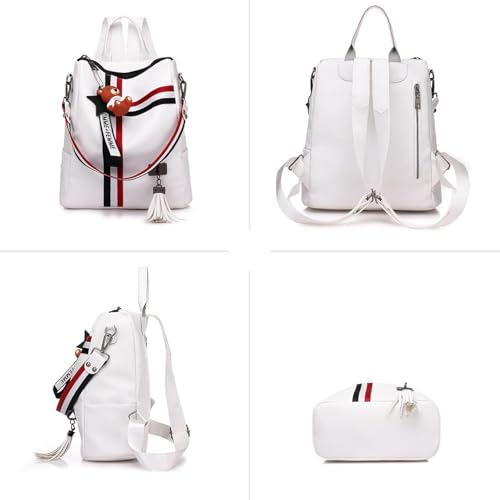 Fashion PU Leather Backpack Purse for Women Travel Backpack Bag with Tassel Ladies Shoulder Handbags Casual Daypack - color: White