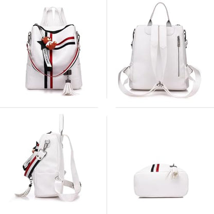 Fashion PU Leather Backpack Purse for Women Travel Backpack Bag with Tassel Ladies Shoulder Handbags Casual Daypack - color: White