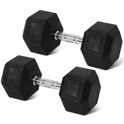 BalanceFrom Rubber Encased Exercise & Fitness Hex Dumbbell, Hand Weights with Anti-Slip Metal Handle for Home Gym, Multiple Sizes - style: 30LBS Pair