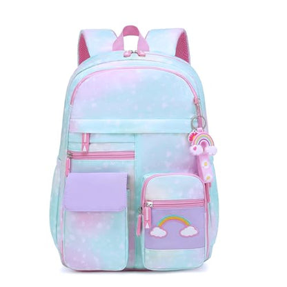 School Backpack for Girls Rainbow Kids Cute Backpack for Back to School Laptop Travel Bag With pencil Case (Blue Set) - color: Blue Set
