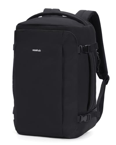 ECOHUB 40L Carry-On Travel Backpack, TSA-Friendly, Anti-Theft Water-Resistant Lightweight with 17.3″ Laptop Compartment, Durable PFAS-Free Rucksack, Black - color: Black