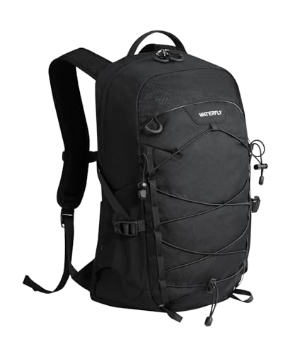 WATERFLY 20L Small Hiking Backpack for Women Men, Lightweight Breathable Back Panel, Chest Strap with Whistle, Fits 2L Water Bladder, Multi-Pocket Bag for Hiking Camping Travel Trekking Outdoor - color: Black