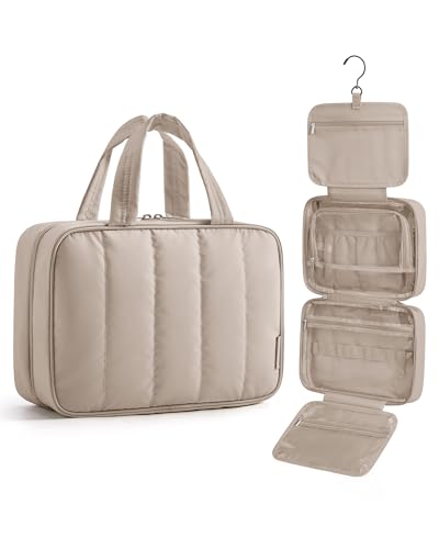 BAGSMART Travel Toiletry Bag for women, Portable Hanging Hook Makeup Bag Organizer, Waterproof Makeup Cosmetic Bag, for Full-Size Accessories, Toiletries, Camel - color: Camel