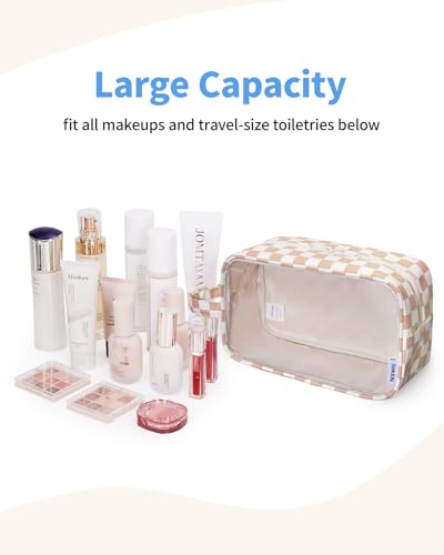 Narwey Clear Toiletry Bags for Traveling Women Men, Clear Travel Bags for Toiletries Makeup Bag Cosmetic Bag with Zipper, Make Up Organizer, Skincare Bag (Light Brown Checkerboard) - color: Y-Light Brown Checkerboard