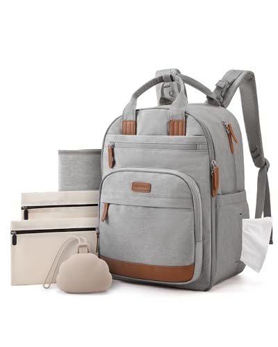 mommore Diaper Bag Backpack with Waterproof Changing Pad, Insulated Bottle Holders & Pacifier Case, Baby Diaper Bag with 2 Organizer Pouches, Stroller Straps, Light Gray - color: Light Gray