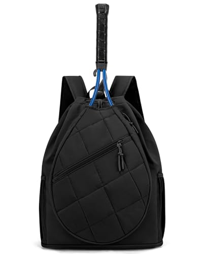 Drawstring Tennis Backpack, Puffer Tennis Racket Bag with Shoe Compartment & Wet Pocket Gym Bag for Women, Suitable for Pickleball Tennis Badminton - color: Black