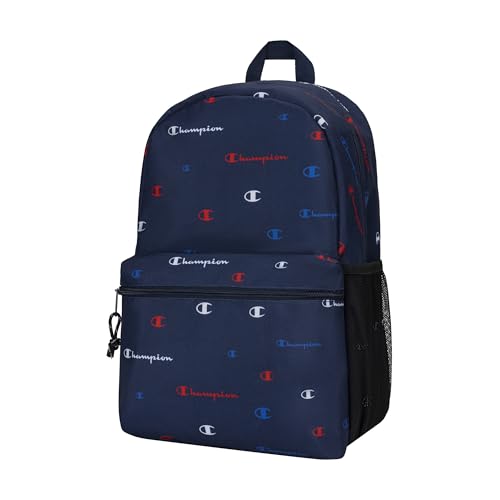 Champion Kids' Merit Backpack with Padded Straps, Water Bottle Pocket and Laptop Compartment for Daily Use, Navy/Champion Red, One Size - color: Navy/Champion Red