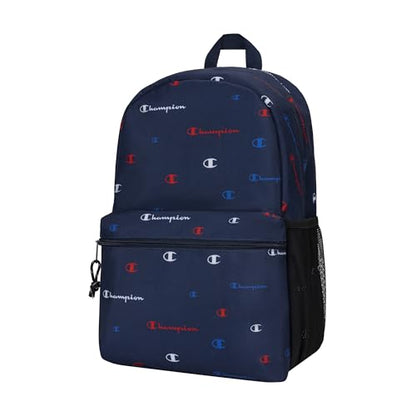 Champion Kids' Merit Backpack with Padded Straps, Water Bottle Pocket and Laptop Compartment for Daily Use, Navy/Champion Red, One Size - color: Navy/Champion Red