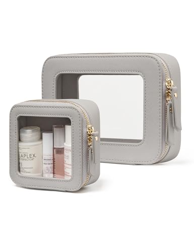 Popvibe Clear Makeup Case Toiletry Bag Travel Medium Clear Cosmetic Bag with Zipper, Make Up Bag Organizer Traveling TSA Approved Transparent Bag Car for Essentials, Mini & Medium, Beige Grey - color: Beige Grey, style: Mini & Medium