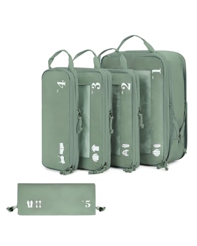 ECOHUB 5 Set Compression Packing Cubes for Suitcases Organiser Bags Set Travel Essentials with Shoe Bags for Travel Tear-resistant Travel Accessories with ID Tag Expandable Packing Bags(Green) - color: All Green-Compress, size: 5 Set Compression Packing C