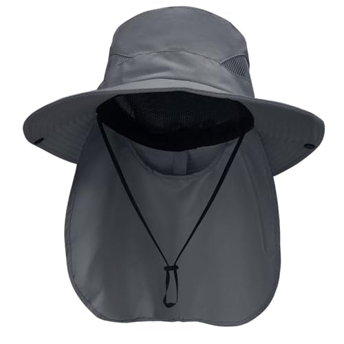 NPQQUAN Sun Hats for Men Women with Neck Flap UPF 50+ UV Protection Wide Brim Bucket Hat Safari Hiking Fishing Hats - color: Darkgray（neck Flap）