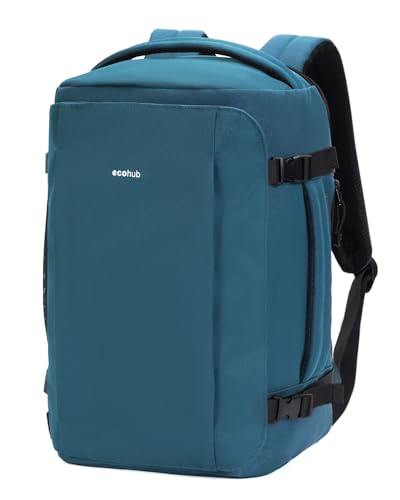 ECOHUB 40L Carry-On Travel Backpack, TSA-Friendly, Anti-Theft Water-Resistant Lightweight with 17.3″ Laptop Compartment, Durable PFAS-Free Rucksack, Green - color: Blue Green