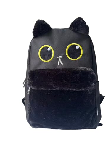 Kawaii Black Cat School Backpack with Cute Fur 3D Face Fluffy Casual Aesthetic Bookbag Simple Laptop Backpack Waterproof Daypack for Women Men (Black Cat) - style: Kawaii Black Cat Backpack