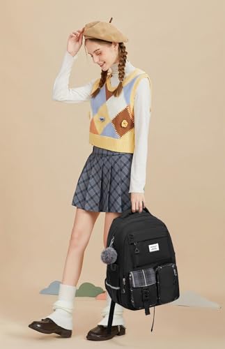 School Backpack for Teen Girls, Big Student Laptop Backpack Aesthetic Bookbags for College Women Elementary Middle High School Travel Mochilas Escolares, Black