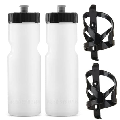 Bike Water Bottle Holder & Bottle Combo – 2-Pack 22 oz Sports Squeeze Bottles with Pull Top Cap & Easy-Install Bike Cage – Made in USA – 50 Strong Brand - color: Clear Bottle + Cage