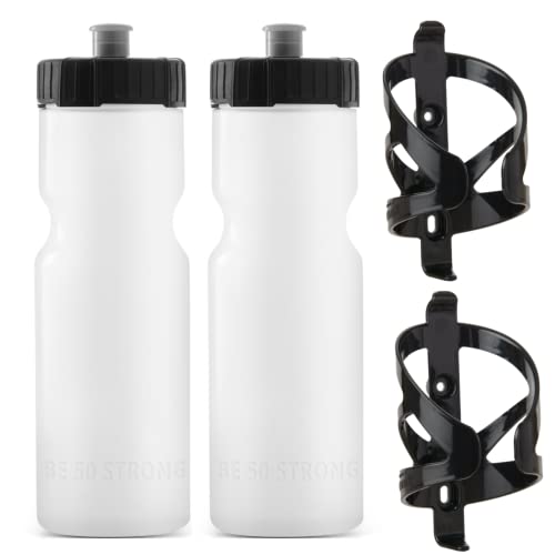 Bike Water Bottle Holder & Bottle Combo – 2-Pack 22 oz Sports Squeeze Bottles with Pull Top Cap & Easy-Install Bike Cage – Made in USA – 50 Strong Brand - color: Clear Bottle + Cage