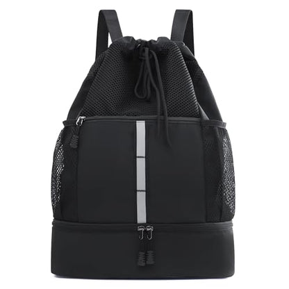 Sports Drawstring Backpack Swim Gym Bag with Wet Proof Pocket and Shoe Compartment for Men Women